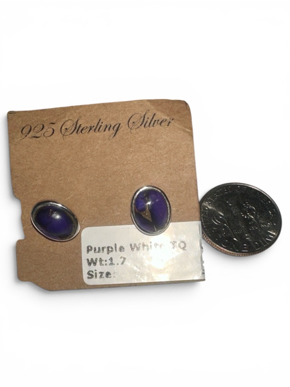 925 Sterling Silver Purple White TQ Stud Earrings - Picture 3 of 4